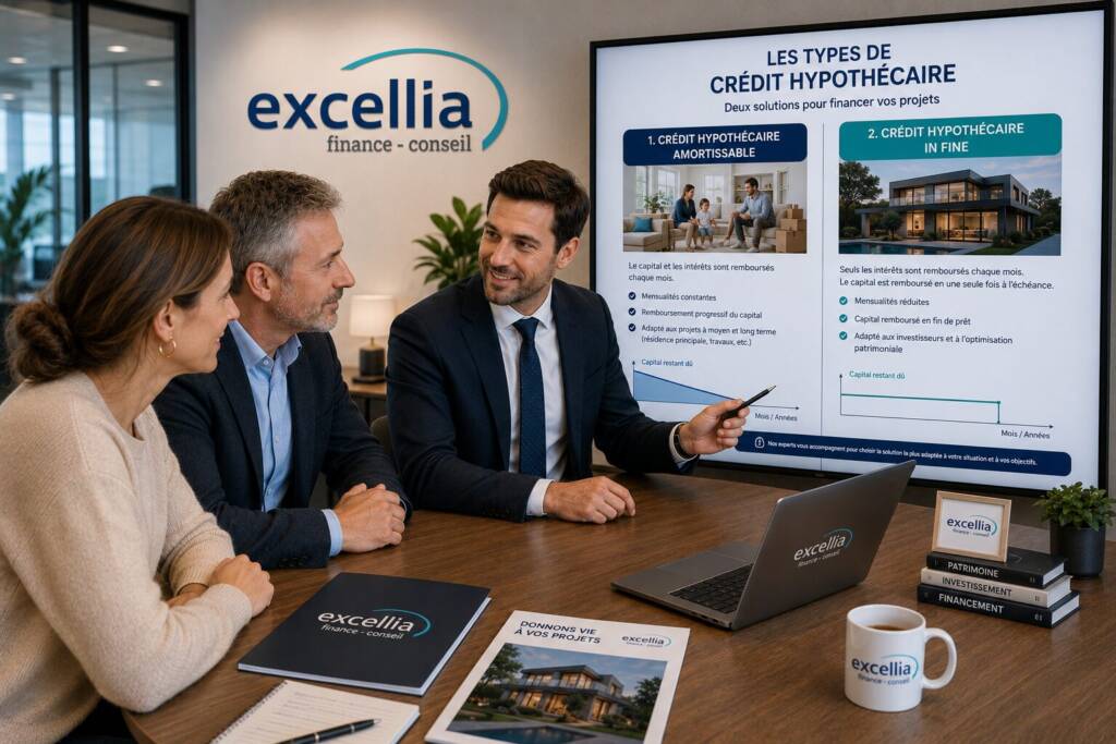 conseiller excellia finance qui explique à u couple les types de crédit hypothécaire
